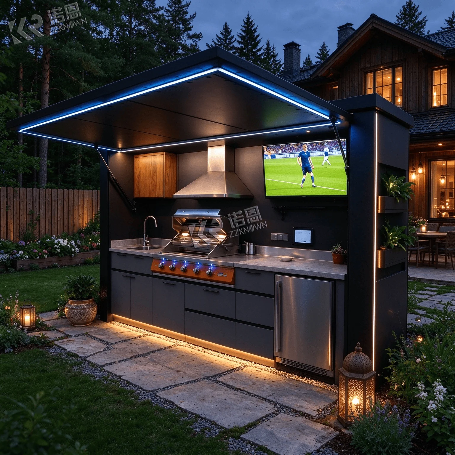 Outdoor Kitchen Island Pizza Oven BBQ Charcoal Grill-Modern Mediterranean Design Aluminum Alloy Marble Outdoor Cabinet