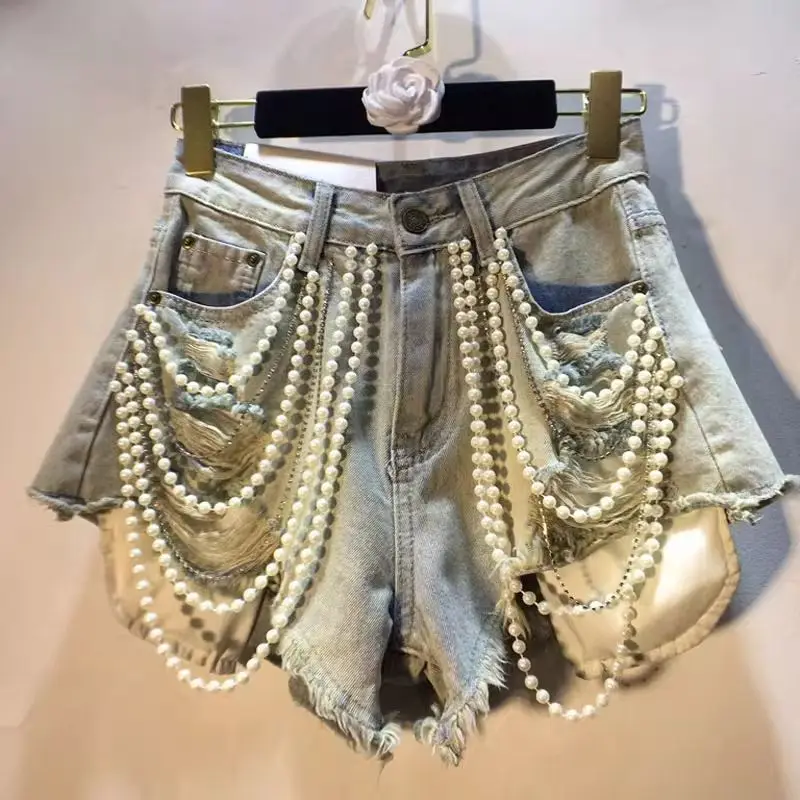 Trendy Women's Spliced Heavy Industry Pearl Chain Denim Shorts 2026 Summer High Waist A-line Short Pants Female Denim Shorts