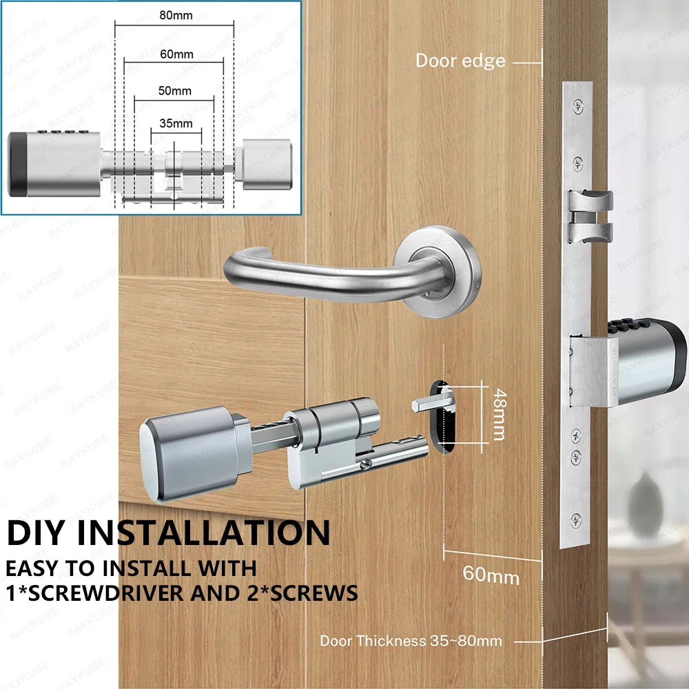 RAYKUBE C1 Smart Cylinder Lock Bluetooth Tuya / TTlock APP Fingerprint Code IC Card  Universal Easy Installation