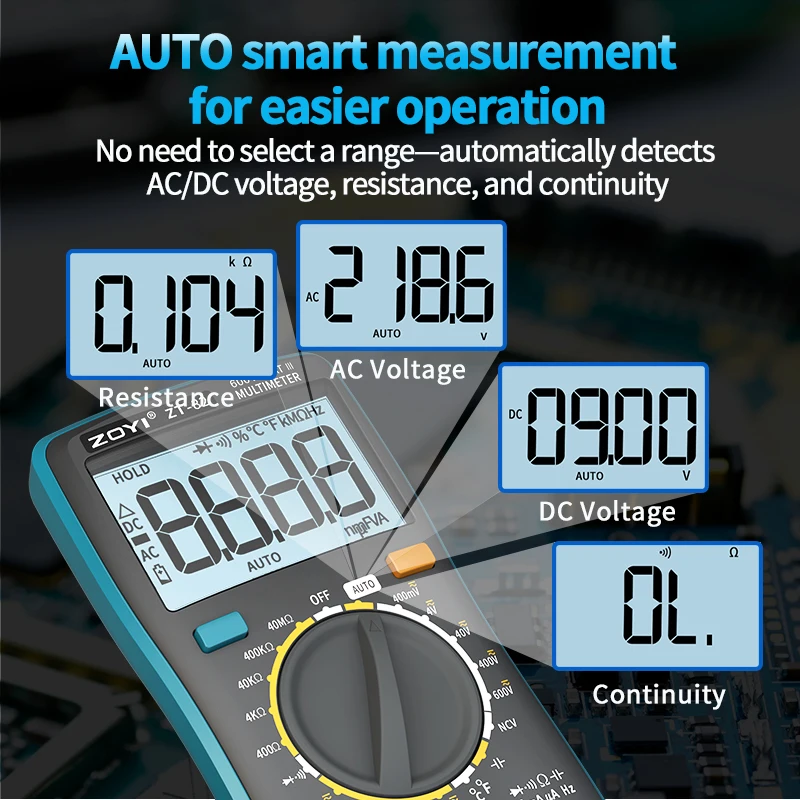 

ZOYI ZT82 Auto-Range True-RMS Digital Multimeter 6000 Counts AC/DC Voltage Current Resistance Tool