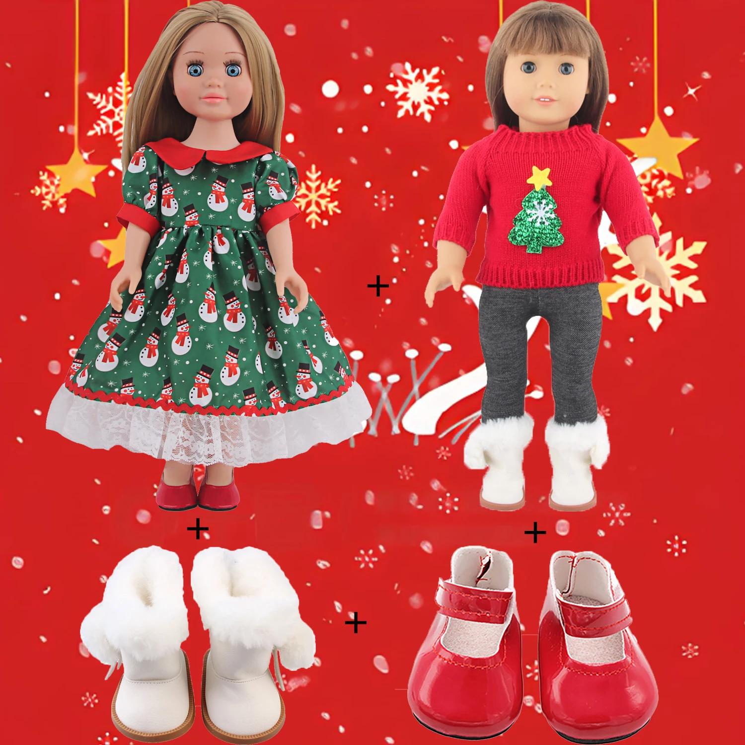 

Christmas Doll Clothes Sweater Set+Snowman Skirt + Boots + Shoes CLothing Outfit For 18-inch American &43cm Baby Newborn Dolls