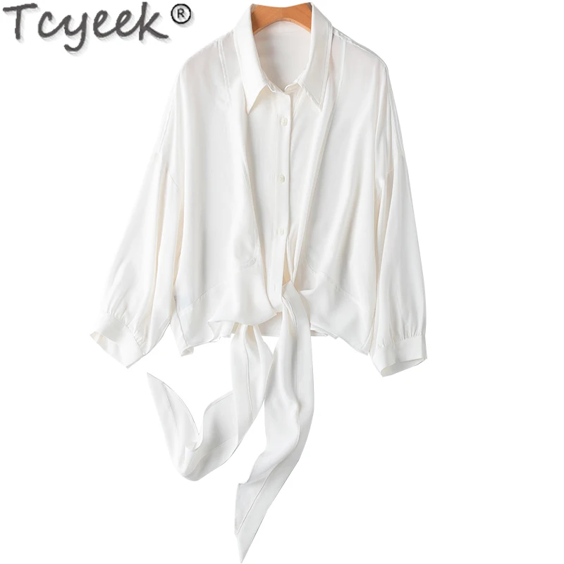 Tcyeek 100% Mulberry Silk Shirt Spring Summer Clothes White Shirts for Women 2024 Lace-up Short Style Top Female Camisa Mujer