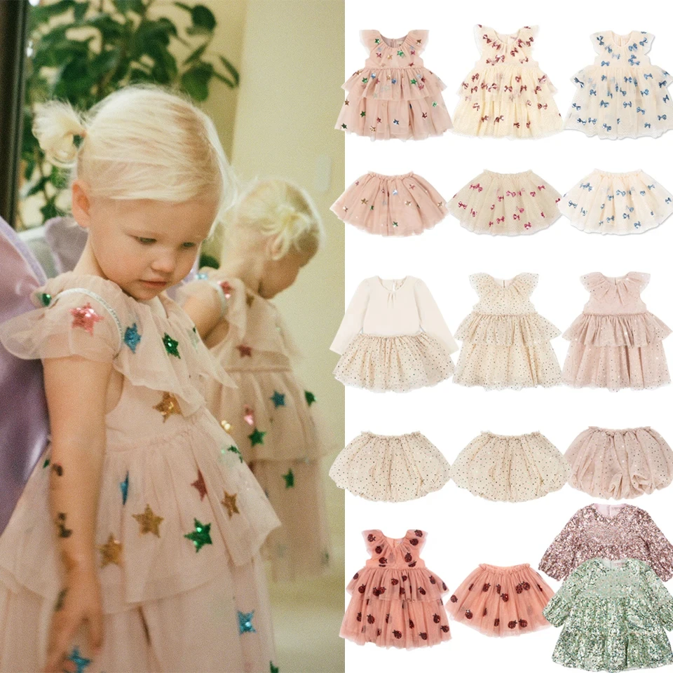 

2024 KS Baby Girls Star Sequins Dress Kids Clothes Girls Mesh Princess Dresses Children Casual Skirts Christmas Party Vestidos