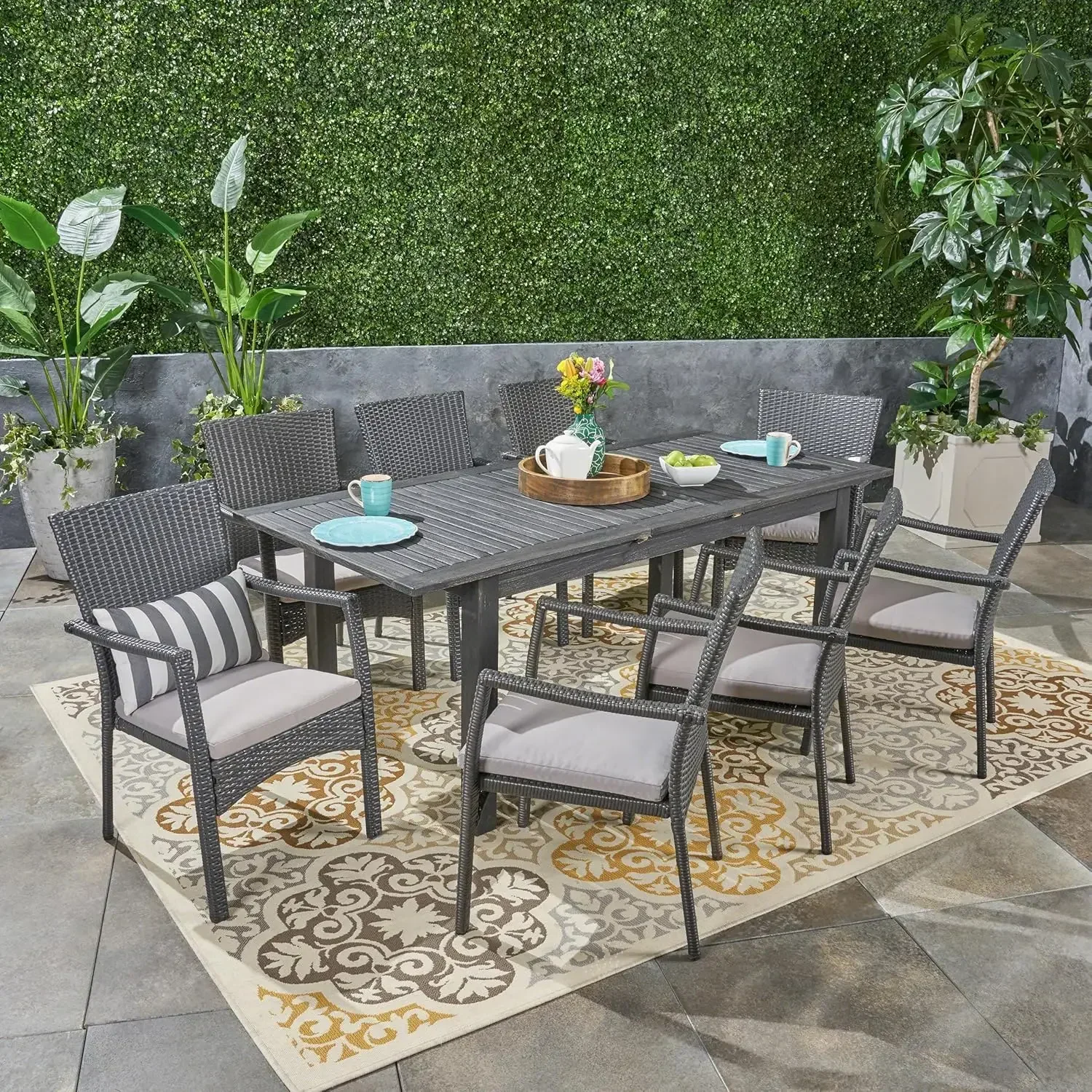 Davenport Outdoor 9 Piece Wood and Wicker Expandable Dining Set, 22.25 "W x 25 "D x 35 "H