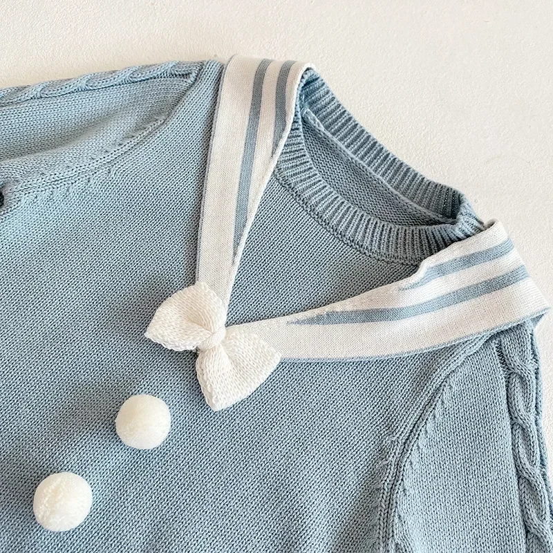 Cute Baby Girl Romper For 0-2Years Newborn Long Sleeve Sailor Collar Bow Knitwear Bodysuit One-Pieces INS Spring Autumn Clothes