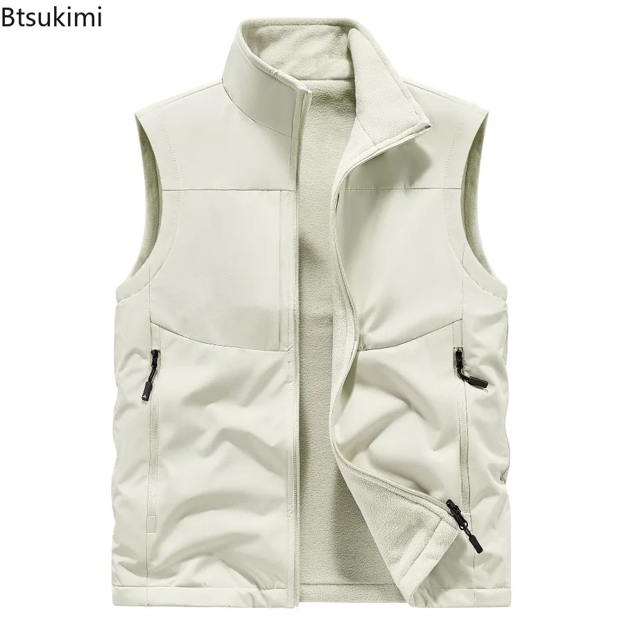 2025 Outdoor Cargo Vests Men's Autumn Winter Polar Fleece Warm Waistcoats Double-sides Wear Design High Quality Men Casual Vests
