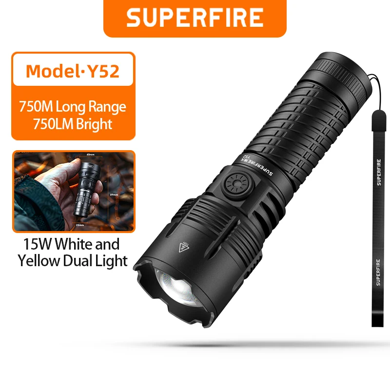 SUPERFIRE Y52 15W Led Flashlight Yellow/White Double Light Zoomable Type C Rechargeable Torch 750M Long Range Camping Lantern