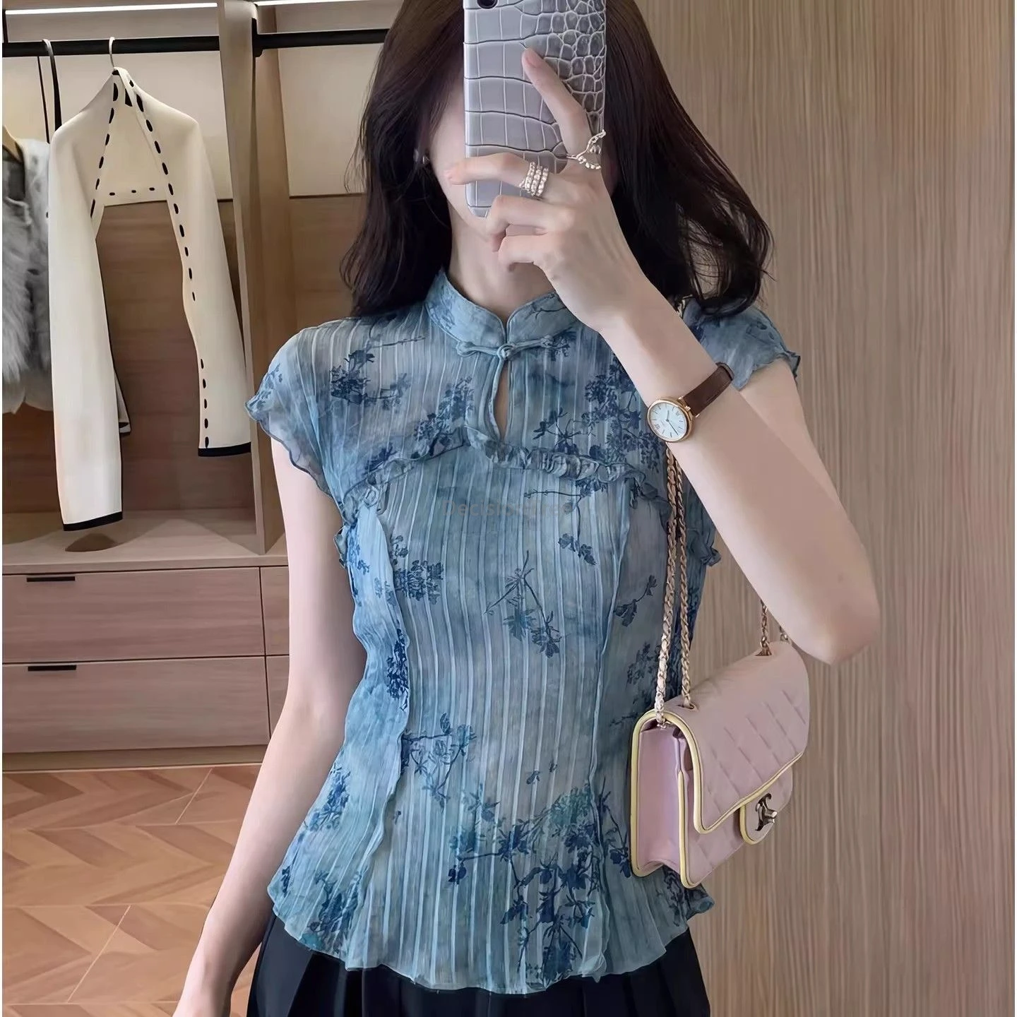 

Daily Spring Summer Beautiful Chinese Style Women Qipao Top New Chinese Plus Size Blue One-Button Printed Short Sleeve Shirt