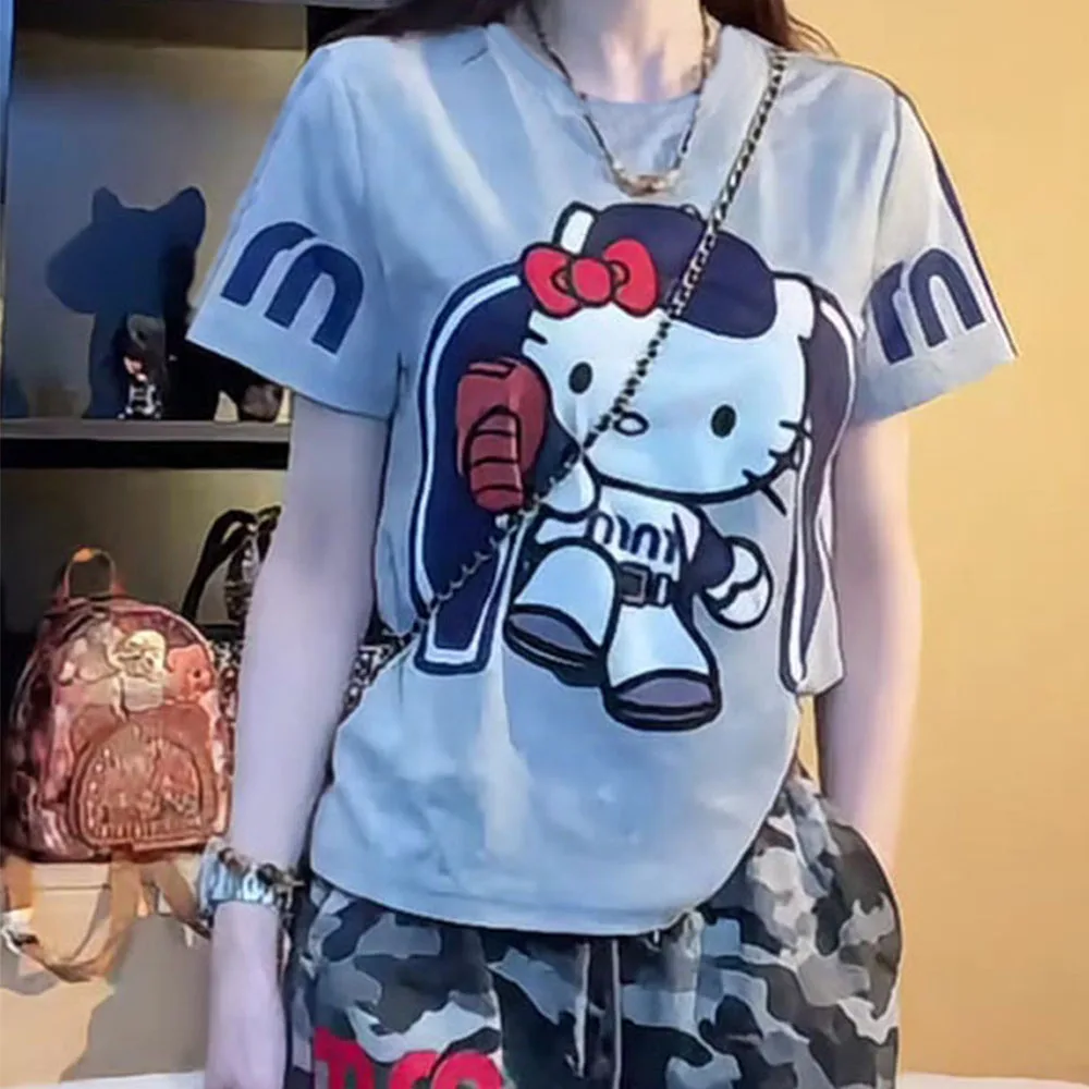 Y2K Hello Kitty Baseball Print T-Shirt for Womencute Cartoon Short Sleevedt-Shirt,korean Casual Loose Fashion Top American Style