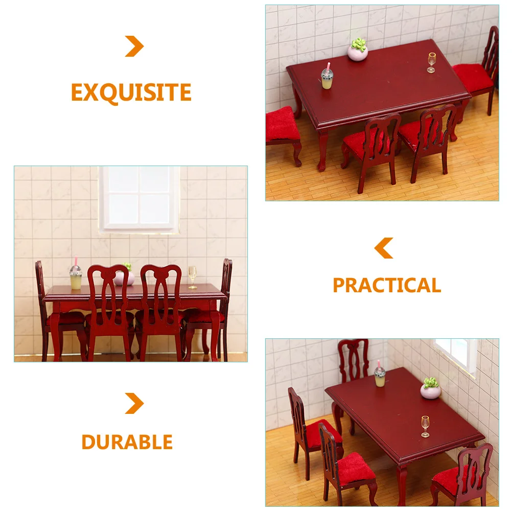 Mini conjunto de cadeiras de jantar de madeira, móveis para casa de bonecas, mesa de brinquedo, decorações vermelhas para crianças, acessórios de cozinha em miniatura para sala de jogos