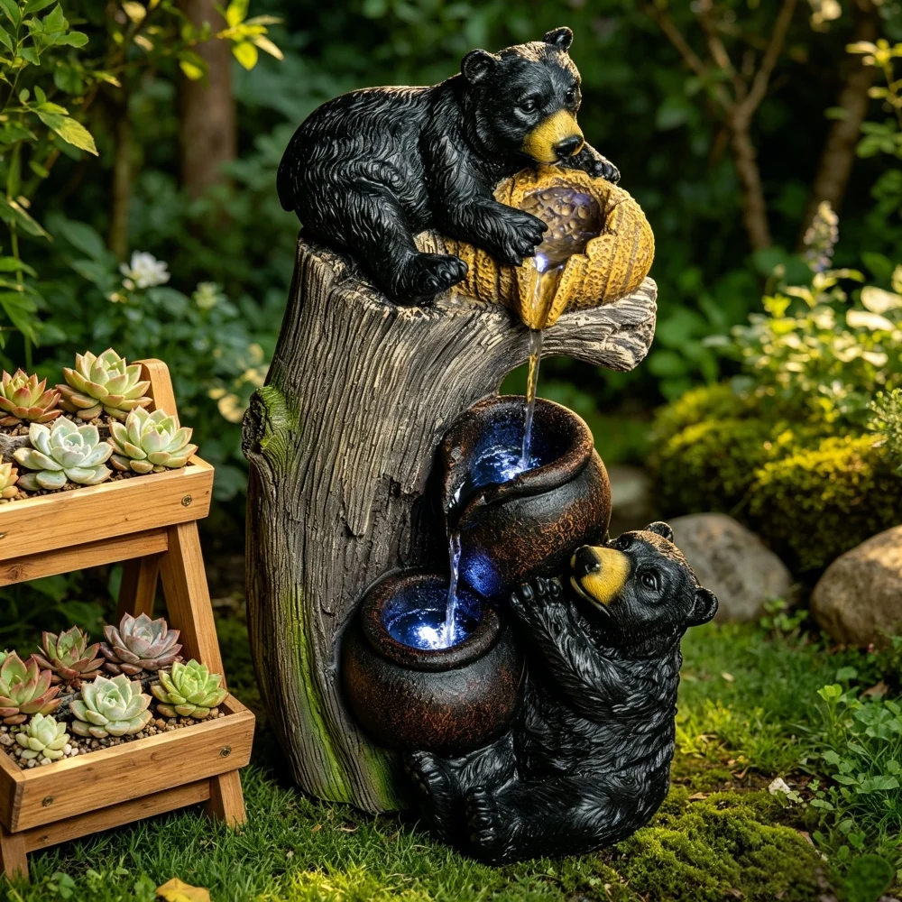 This Adorable Bear-shaped Outdoor Fountain Features LED Lights, A Tiered Design, and Is Made of Durable Resin. Suitable for Patios, Balconies, and Other Outdoor Spaces, It's An Ideal Choice for Garden Fountains and Outdoor Fountain Decorations.