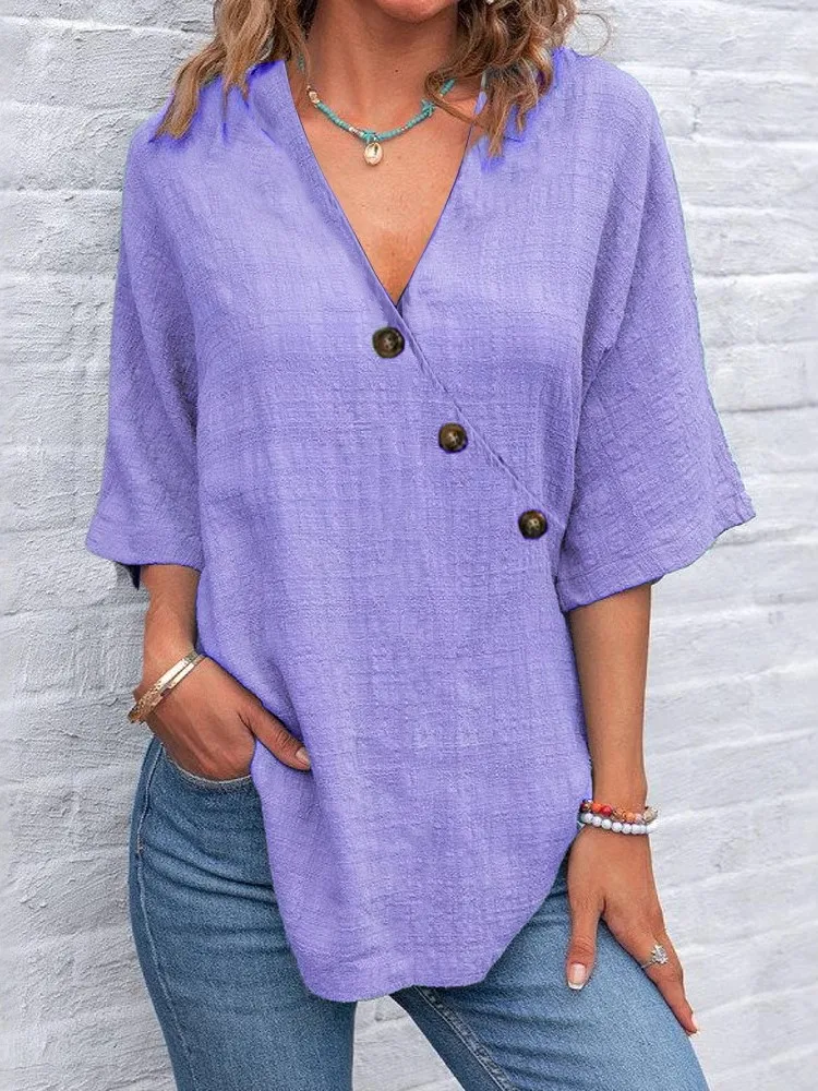 قميص نسائي علوي برقبة على شكل حرف V قميص فضفاض غير رسمي سادة موضة الصيف برقبة على شكل V أنيق بأكمام قصيرة للحفلات قمصان ملابس نسائية