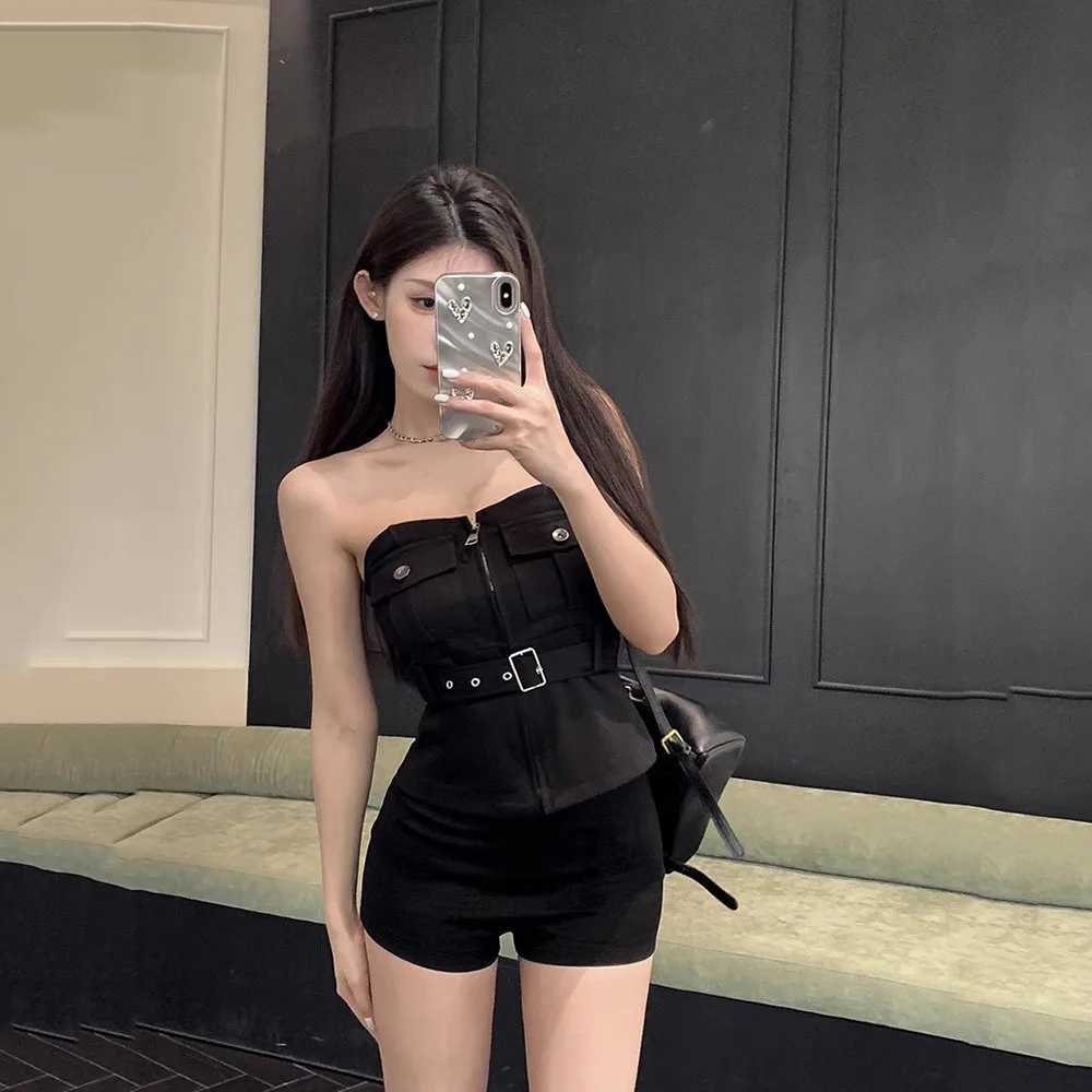 Fashion Female Clothes Sweet Hot Girl Casual Suit Women\'s Spring/Summer Zipper Black Strapless Top Tight Shorts Two-piece Set