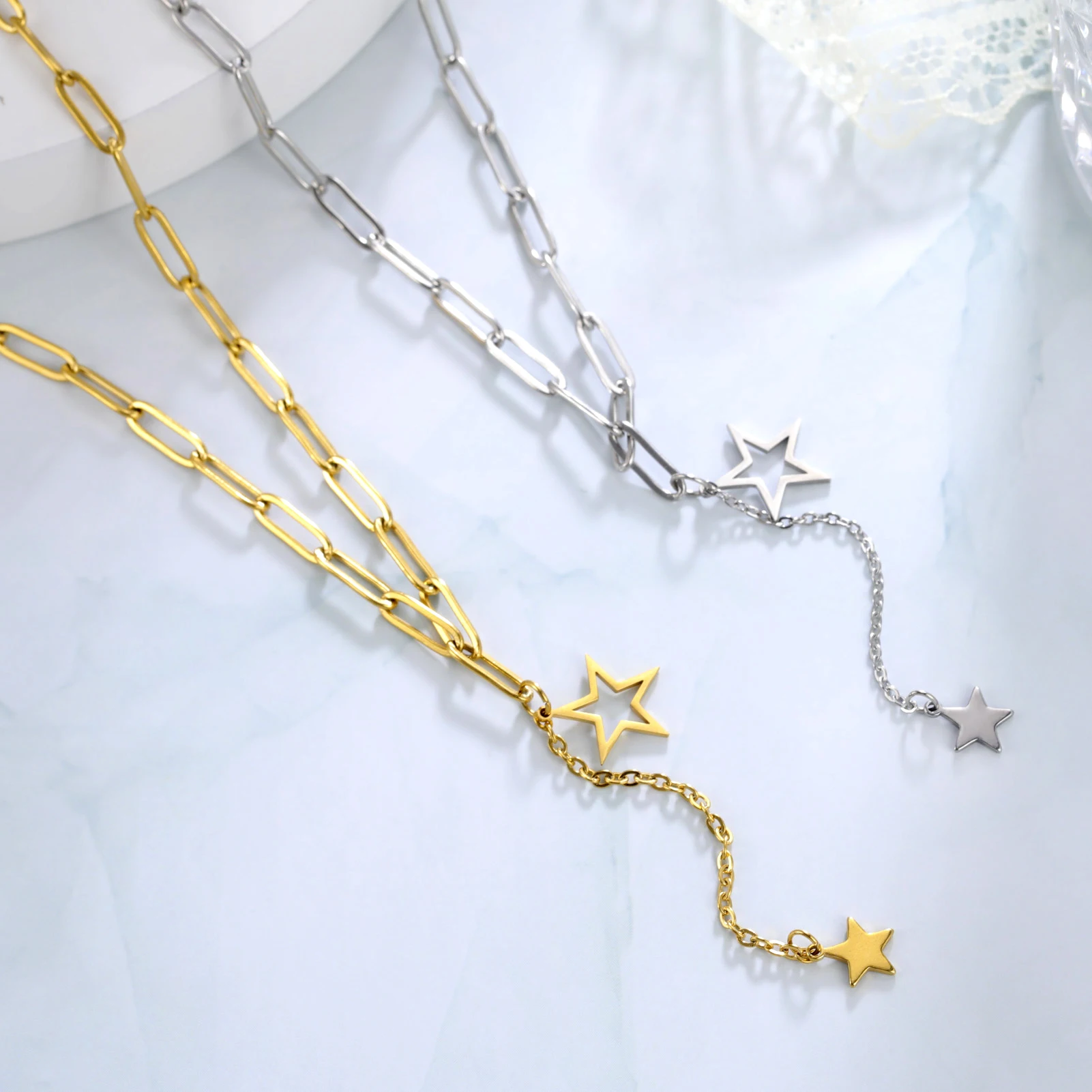 KKjoy Stern-Anhänger-Halskette für Damen, silberfarben, Edelstahlperlen, Doppelketten-Halsbänder, minimalistischer Schmuck, Accessoires, neu – Detail 9