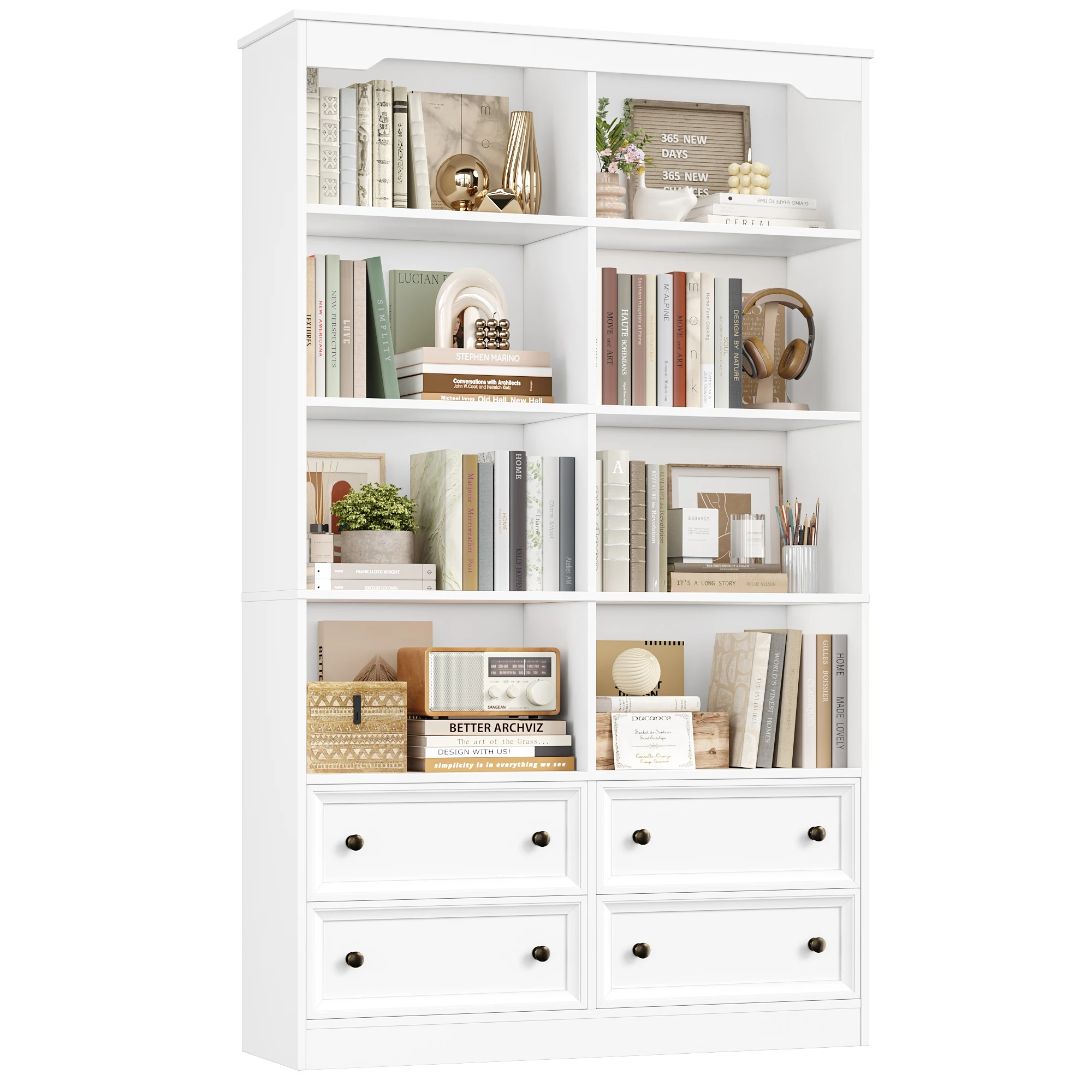 Getone Boekenkast 6-laags wit met laden, 8 open vakken, boekenkast woonkamer, hoge schappenkast, vrijstaande displaykast voor kantoor en thuis, 180x100x30cm - afbeelding 1