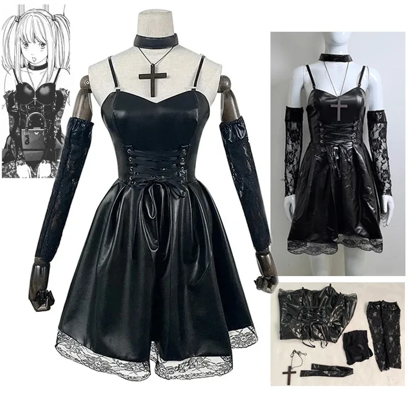 Misa Amane Cosplay Costume Death Note Leather Sexy Dress Outfit with Neck Jewelry Stockings Necklace Uniform Halloween Costume
