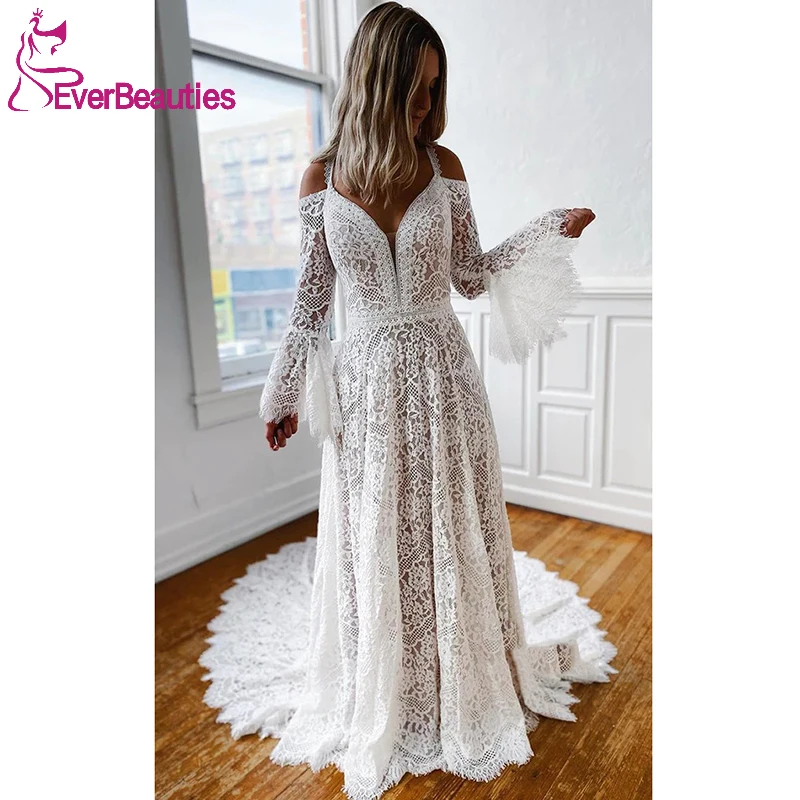 

Lace Long Sleeves Beach Wedding Dresses Bohemian Wedding Gowns Off Shoulder Vestidos De Novia Robe De Mariage 2022