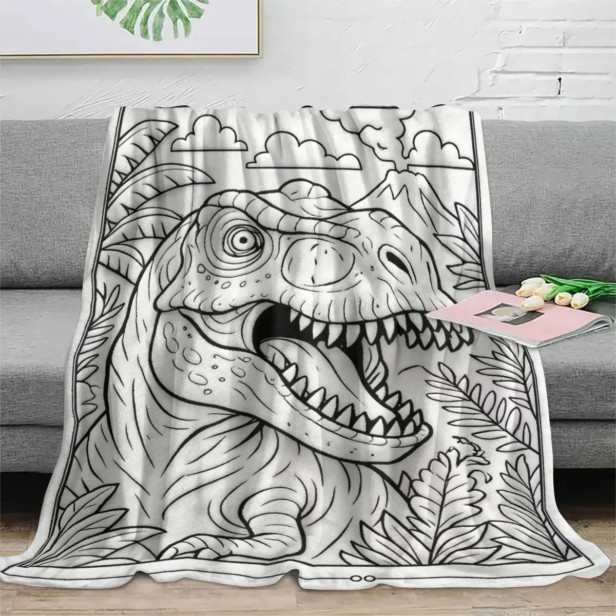 T‑Rex Coloring‑Style Throw Blanket, Skin‑Friendly Soft All‑Season Blanket, European‑American Hand‑Drawn Line‑Art Dinosaur Theme