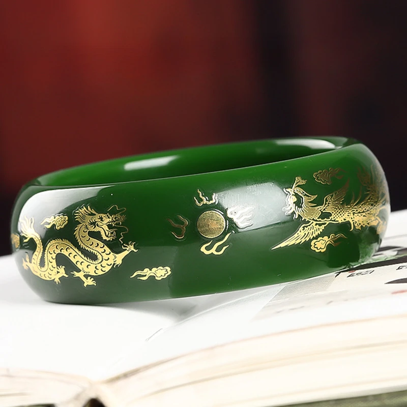 

Spinach Green Painted Golden Jade Dragon Phoenix Auspicious Bracelet Widened and Thickened Women's Exquisite Versatile Bracelet