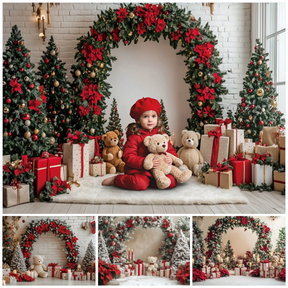 

Christmas Decorations Backgrounds for Photographs Xmas Tree Arch Gifts Teddy Bear Decor Birthday Party Kids Portrait Backdrops