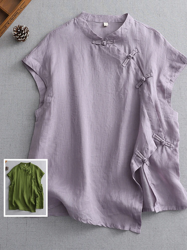 

Retro Chinese Sle Loose Fit Svel irt Large Size Women's Casual Top Asymmetrical Button Design Cotton Linen Material