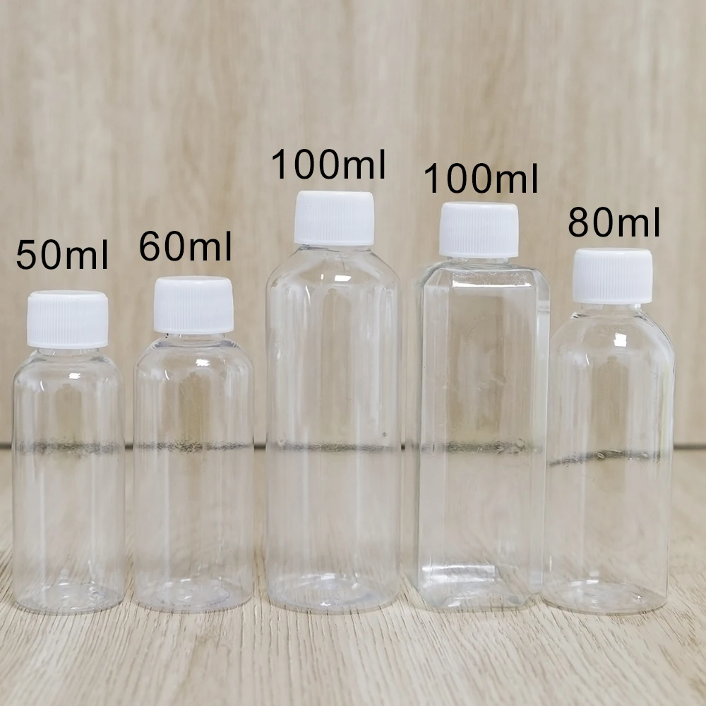 100Pcs 5ml 10ml 20ml 30ml 50ml 80ml 100ml Refillable Bottles PET Clear Empty Seal Bottles Sample Containers Plastic Screw Cap