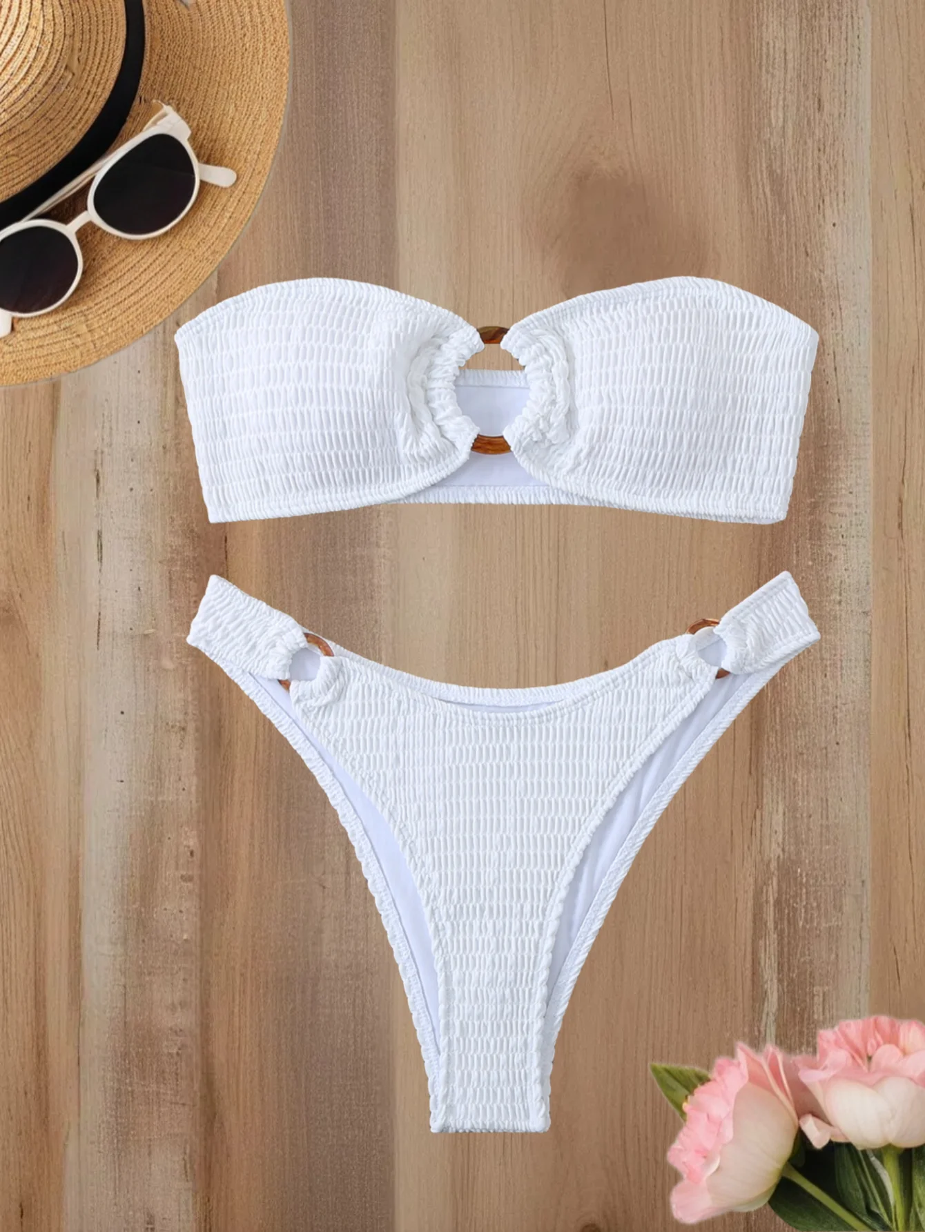 

Women's Ring Decoration Sexy Bandeau Bikini Two Piece Swimsuit Solid Backless Fashion Bikinis Set Female Beach Vacation Swimwear