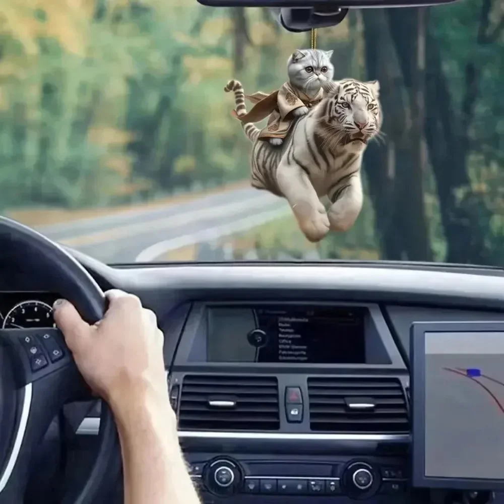 2D Funny Simulation Cat Car Hanging Ornament Complete With Chain, Cute Mirror Pendant for Car Interior Decoration