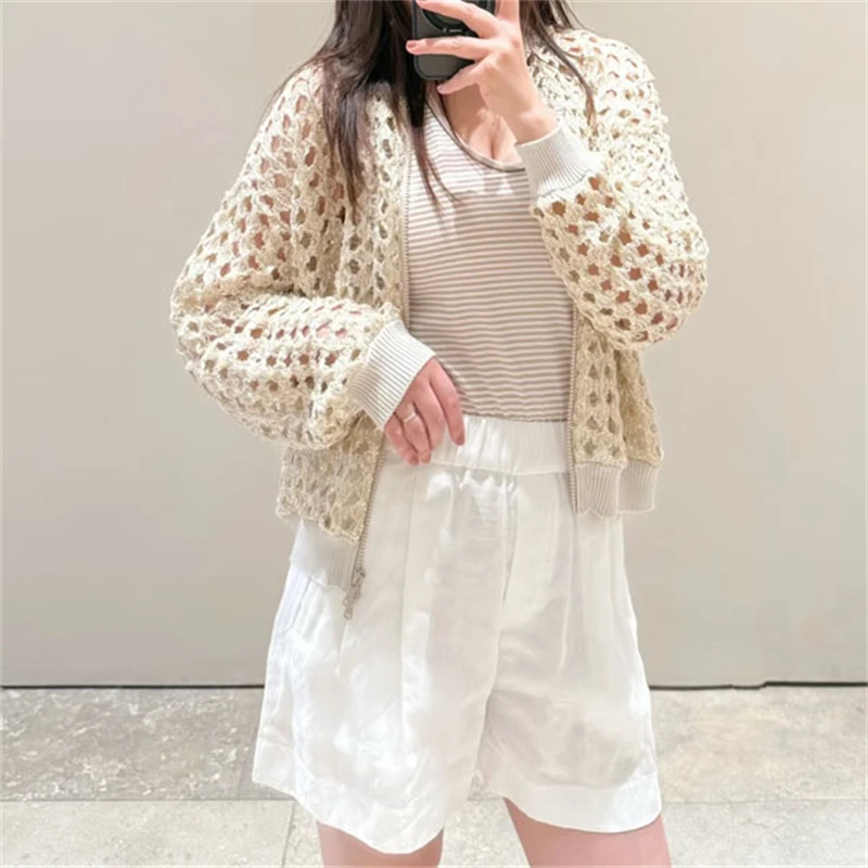 Y2K High-QualityAutumn New Baseball CollarWool Blend Mesh Knitted Hollow Long Sleeve Women'sFashion Casual Knitted Open Cardigan
