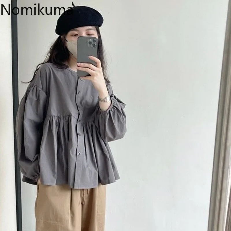 Nomikuma Shirts Blouses Spring Autumn Lantern Sleeve Pleated Loose Solid Blouses for Women Fashion 2022 Casual Shirts for Women