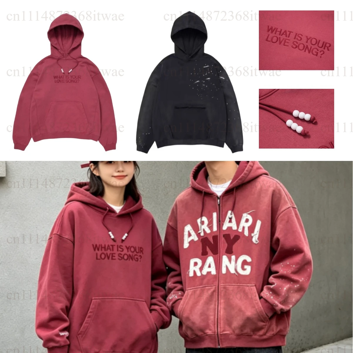 Brick Red Unisex Pullover Hooded Sweatshirt 2026 ARIRANG Letter Embroidery Beaded Drawstring Front Pocket Loose Fit Hoodie
