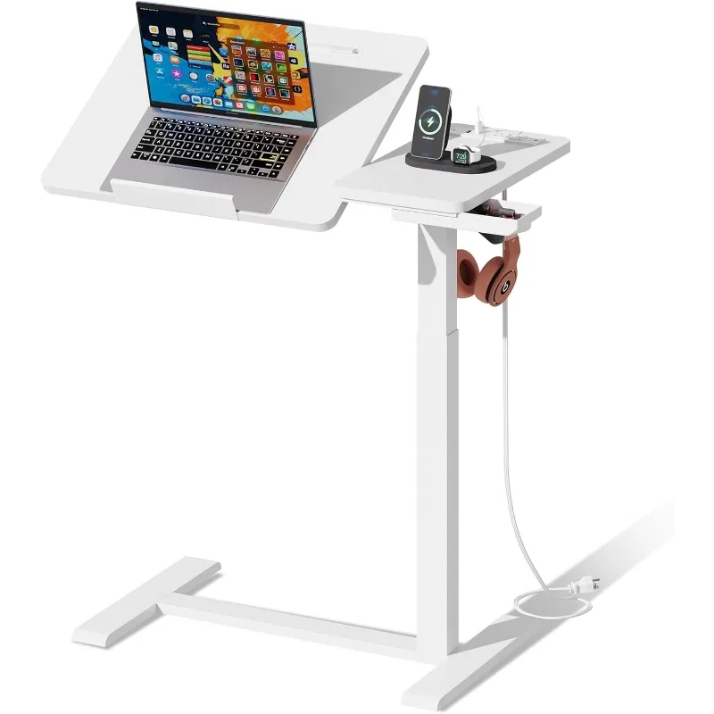 مكتب قائم، طاولة طبية فوق السرير مع صينية دوارة ومخرج طاقة، زاوية هوائية مزدوجة ومكتب قابل لضبط الارتفاع