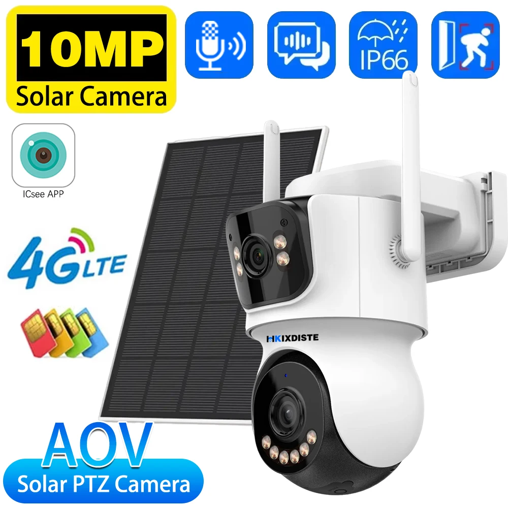 

10MP 5K Full Color Night Vision WiFi/4G AOV Outdoor Wireless ICSee Dual Lens Three Screen Security Solar PTZ CCTV Battery Camera