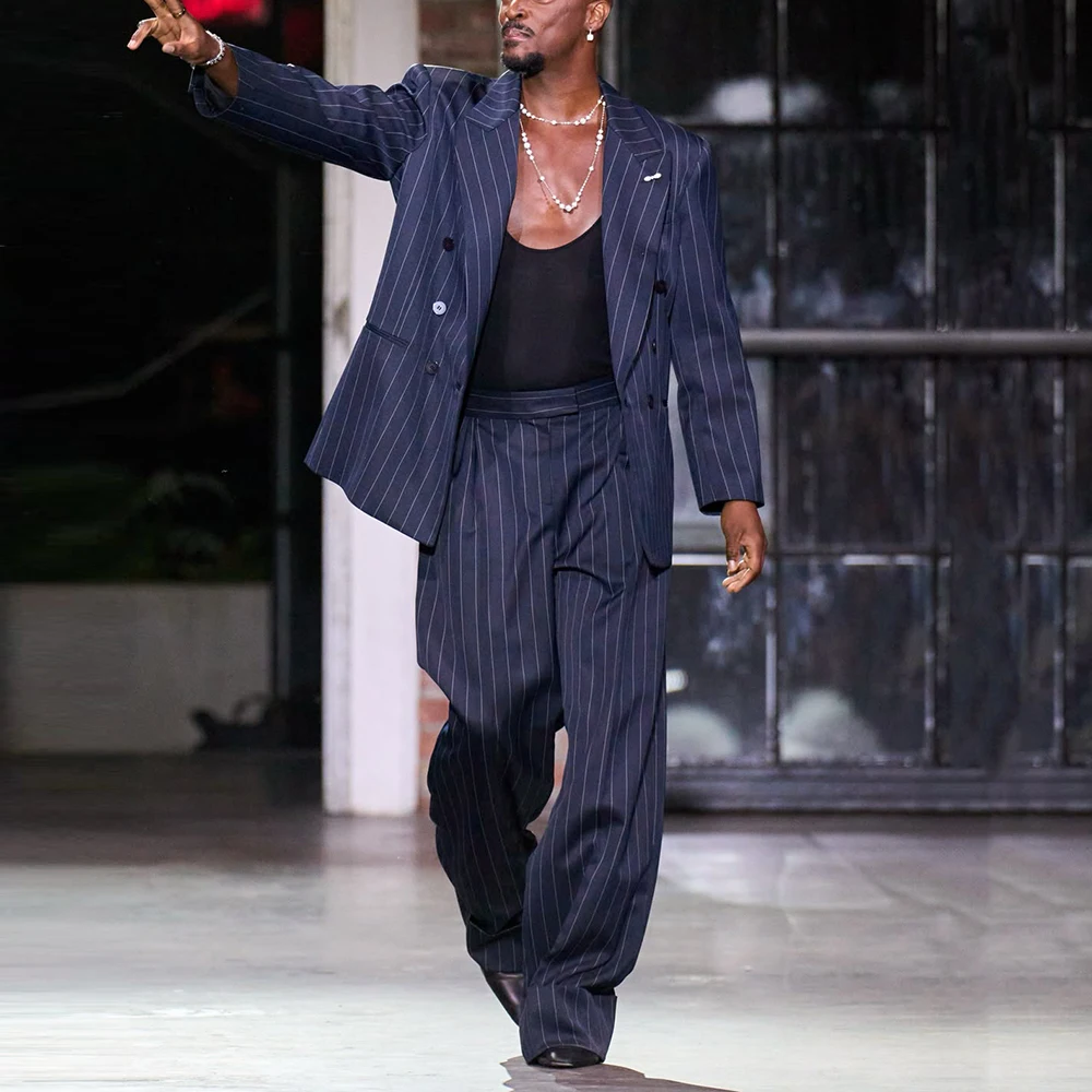 

Модные полосатые двубортные мужские костюмы с пиковыми лацканами, комплект из 2 предметов (куртка + брюки), свадебная вечеринка, повседневная мужская одежда Daliy