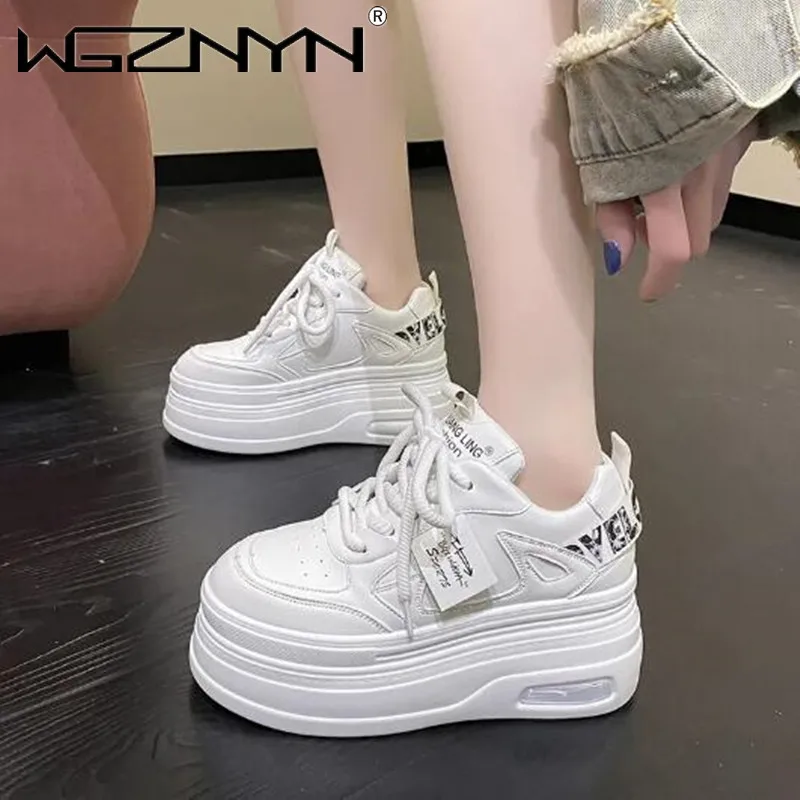 Luxury Women Chunky Leather Casual Shoes White 8CM High Platform Wedge Heels Sneakers Female Women Spring Autumn Skateboard Shoe