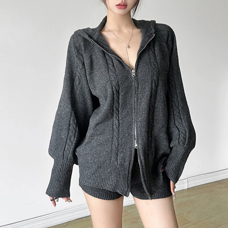 OMSJ 2024 Autumn Winter Solid Color Long Sleeves Hooded Zipper Loose Tops+Tight Wrap Shorts Fashion 2Pcs Leisure Sexy Loungewear