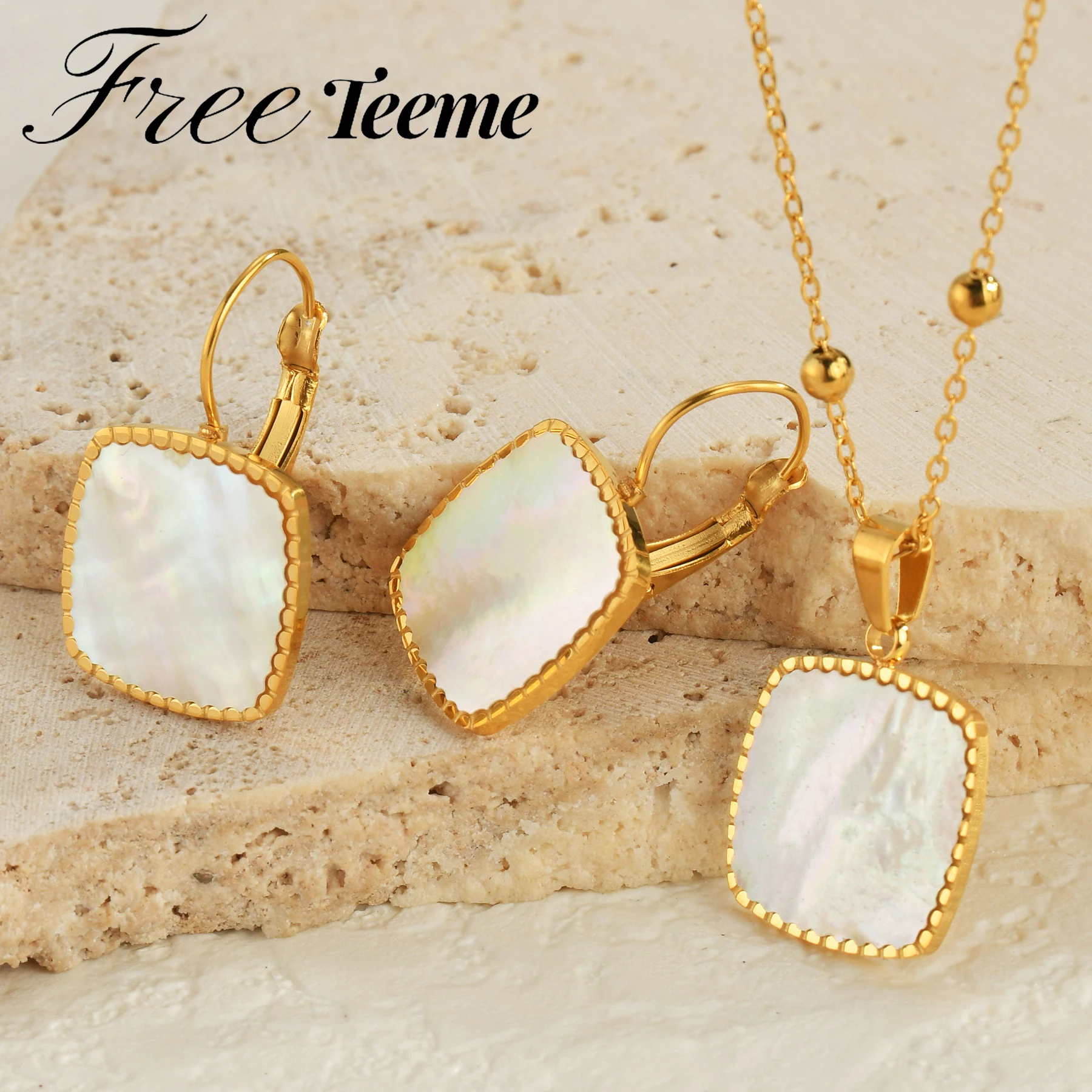 Freeteeme Trendy Geometric Square Fritillaria Necklace Earrings for Women Stainless Steel Gold Color Weddings Jewelry Bride Gift