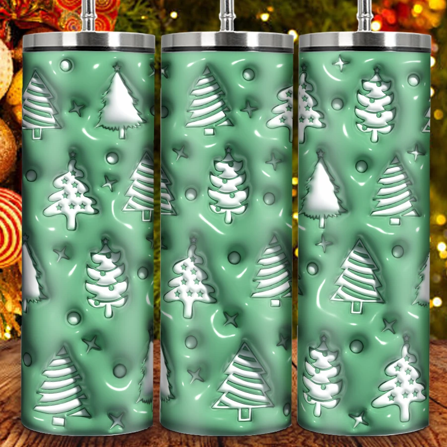 1pc Water Mug Straw Lid 20oz Stainless Insulated Straight Tumbler Print 3D Christmas Tree Drink Mugs Xmas Gifts Festive Decors