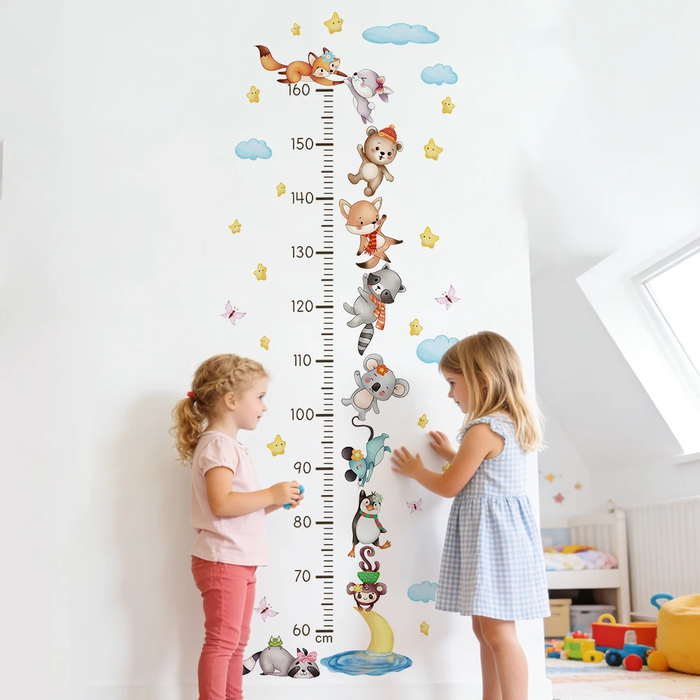 Woodland Animal Growth Chart Wall Stickers Fox Bear Koala Height Ruler Decal Kids Nursery Star Cloud PVC Decor