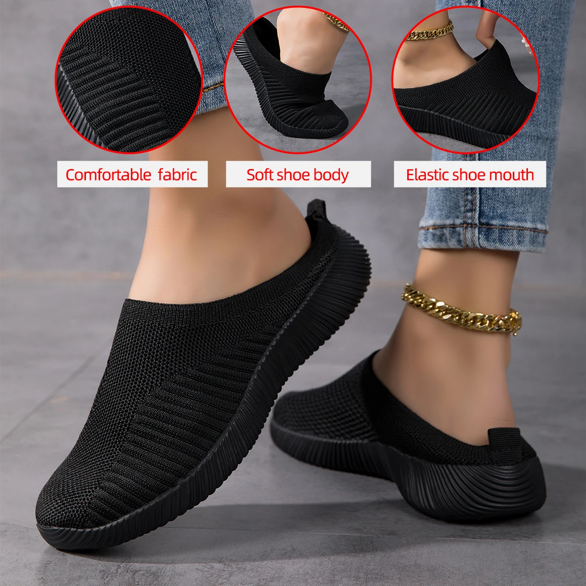 Women's shoes and sports shoes have EVA soles, black and white-rib texture and elastic fabrics, which are suitable for outdoor w