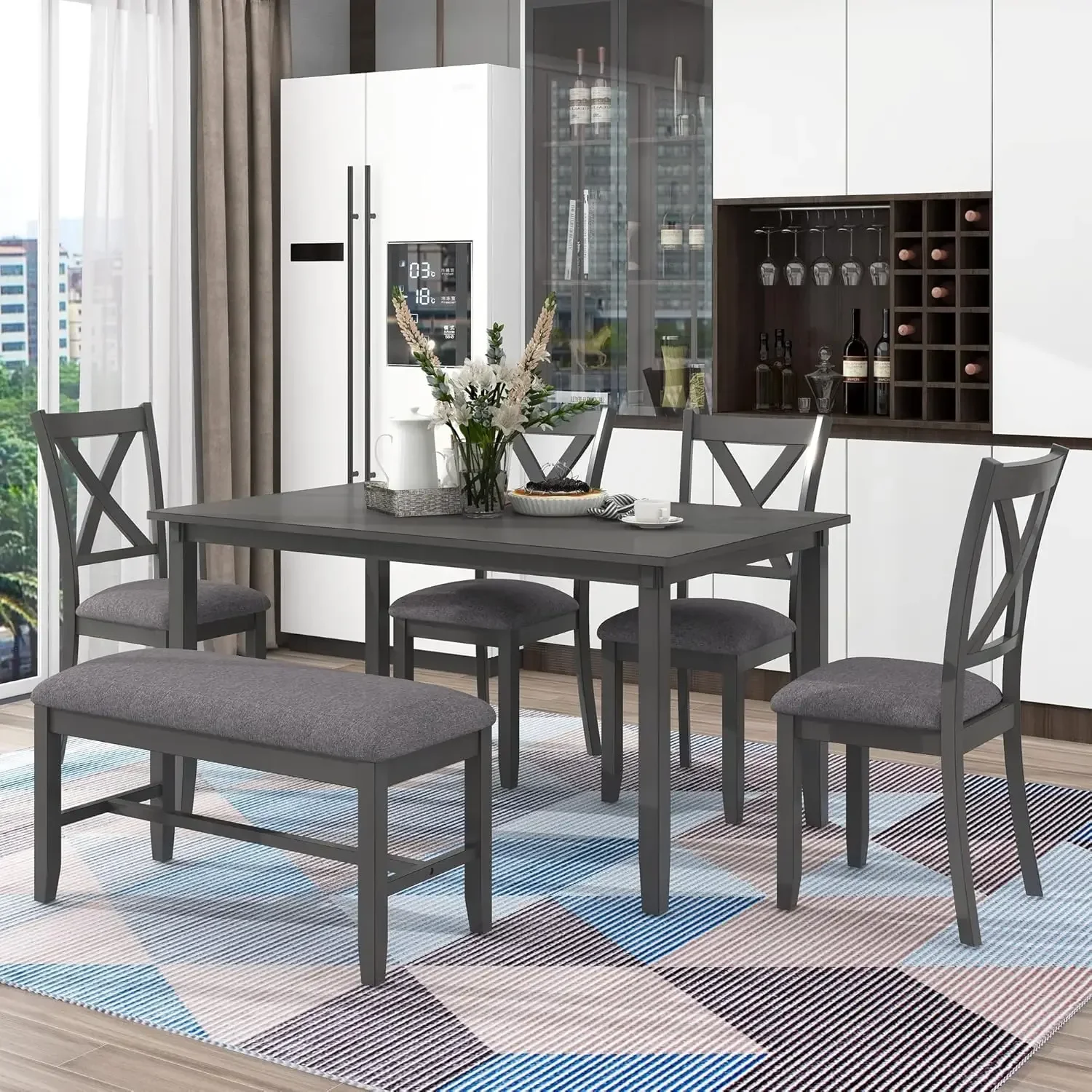 Wooden Kitchen Dining Table Set with 4 Fabric Chairs and Bench, Family Furniture, Grey