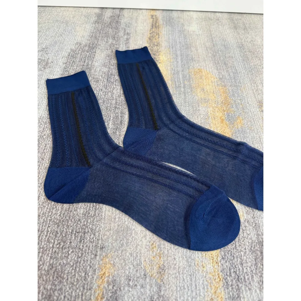 Limited Edition Mens Socks Brand Formal Short Socks Daily Deep Blue Sheer Wave Patterned Business Style Rich Man Fine Dress Sock