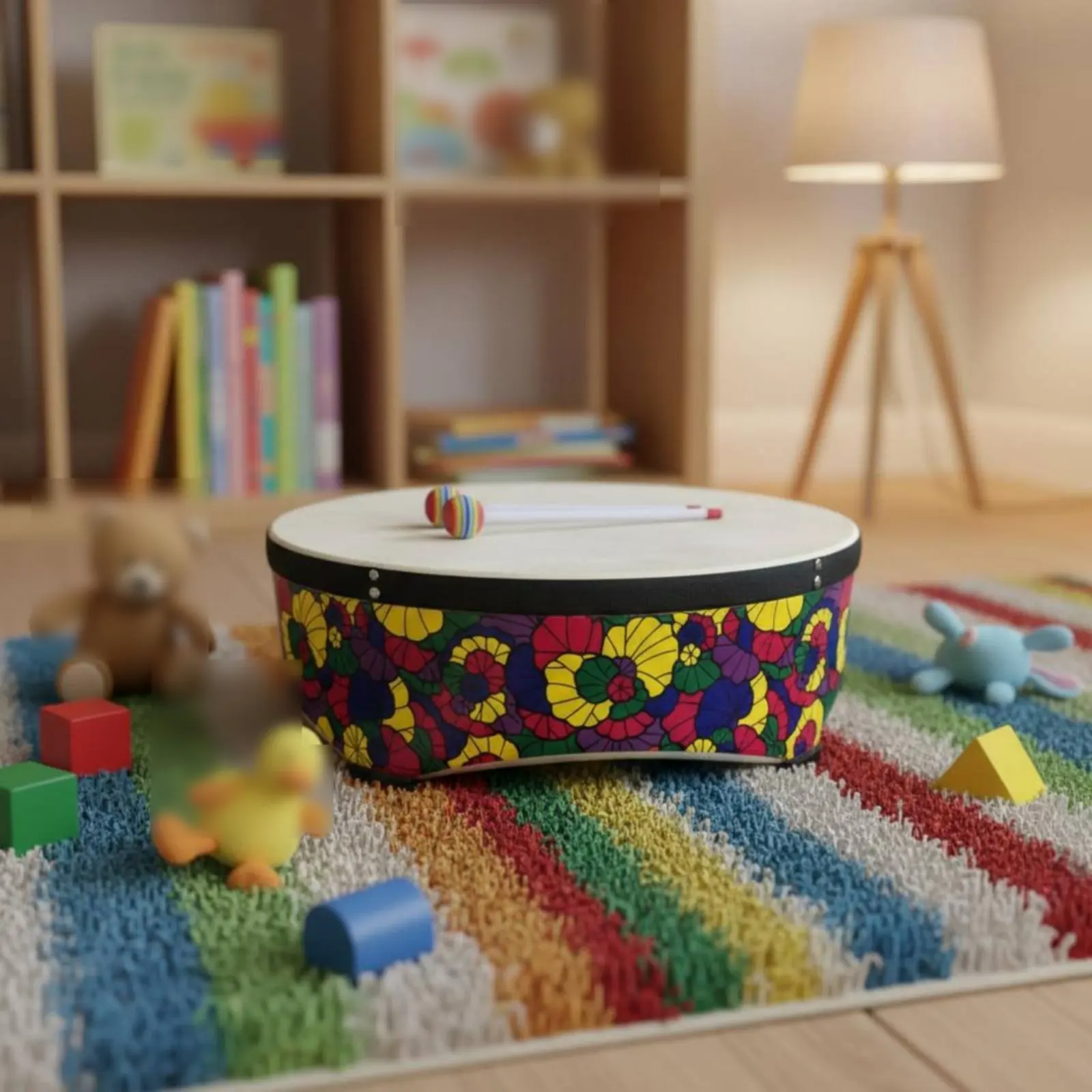 

22-Inch Wooden Floor Drum Easy to Play Kids Floor Drum Percussion Instrument Sturdy Design Musical Toy Perfect Gift