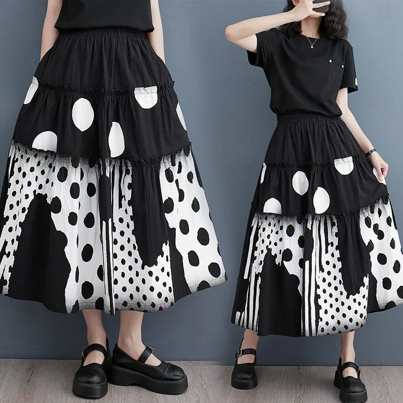 

2023 Spring And Autumn Skirts Women Korean New Print Loose Oversized Patchwork Design Skirt Casual Mujer Faldas C010