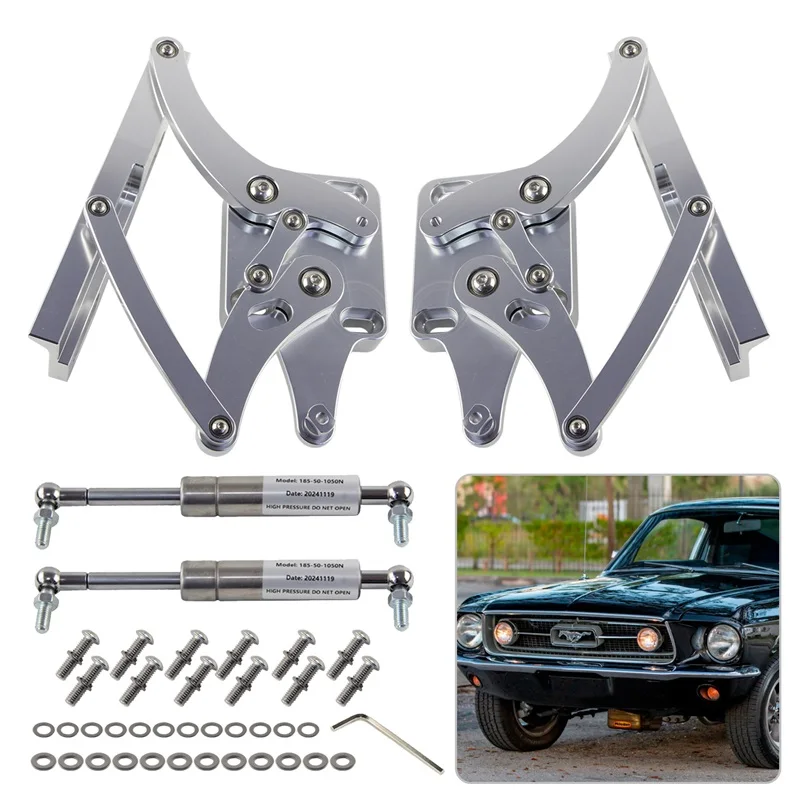 Left and Right Side Billet Hood Hinge Kit Pair For Ford Mustang 1967-1969 Silver CNC Aluminum 3.3L 4.1L 4.7L 5.0L 5.8L 6.4L 7.0L