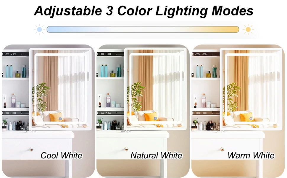 Vanity Desk Makeup Vanity Desk with Sliding Mirror and Lights, Makeup Vanity Set with Drawers, Stool and Open Shelves, 3 Color Lighting Modes Brightness Adjustable Dressing Table for Bedroom