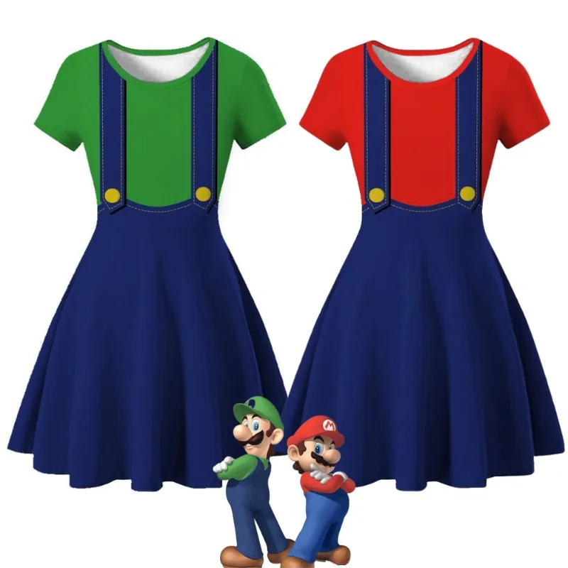 

Super Marios Bros Summer Princess Dress Kids Toddler Girls Dress Anime Figure Luigi Cosplay Kawaii Dresses Children's Costumes