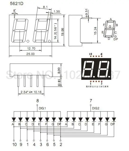 Display LED vermelho para tubo digital de estado estático, ânodo comum de metal plástico, 2 bits, 7 segmentos, 0,56 polegadas, 20PCs