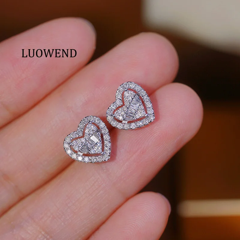 LUOWEND 100% 18K White Gold Earrings Women Vintage Heart Shape 0.50carat Real Natural Diamond Stud Earrings High Party Jewelry