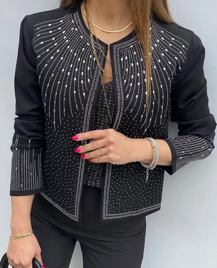Women's Jackets Temperament Autumn Woman Fashion Rhinestone Decor Open Front Long Sleeve Coat Female Casual Crop Blazer Coats